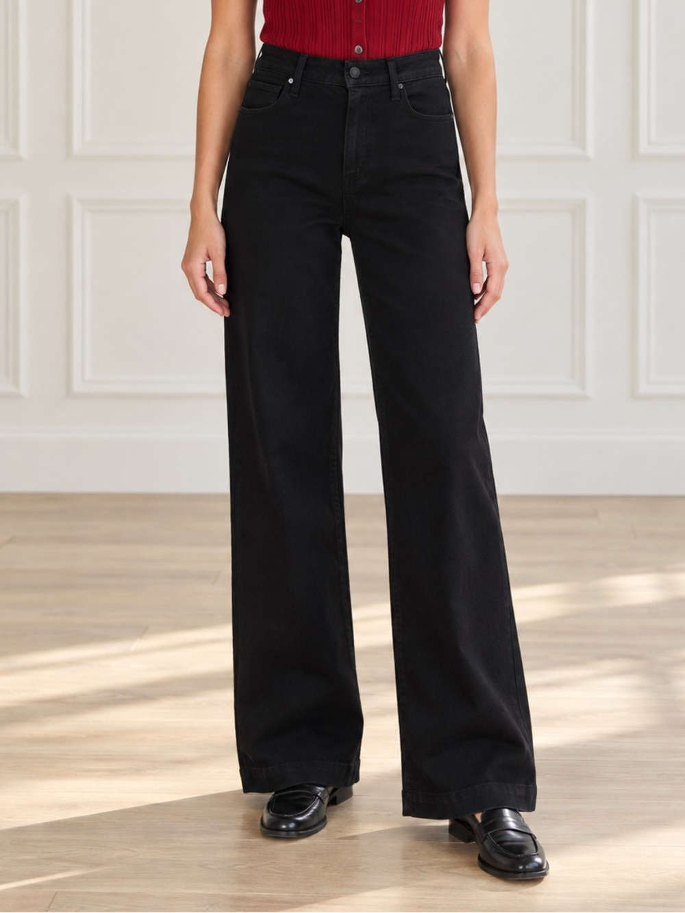 PAIGE Leenah Wide Leg Jeans Sz 26 Black Shadow High Rise Transcend Stretch